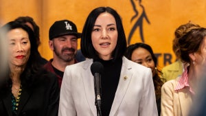 Teamsters At-Large VP Lindsay Dougherty speaks at a press conference at the SAG-AFTRA Headquarters on May 20, 2025 in Los Angeles. (Juliana Yamada/Los Angeles Times via Getty Images)