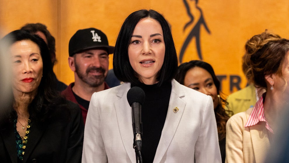 Teamsters At-Large VP Lindsay Dougherty speaks at a press conference at the SAG-AFTRA Headquarters on May 20, 2025 in Los Angeles. (Juliana Yamada/Los Angeles Times via Getty Images)