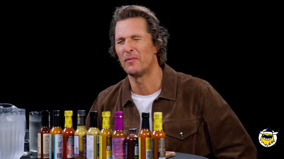 Matthew McConaughey scrunches his face in embarrassment on "Hot Ones"