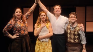 Lindsay Mendez, Katie Rose Clark, Jonathan Groff and Daniel Radcliffe in 'Merrily We Roll Along' (Credit: Sony Pictures Classics)