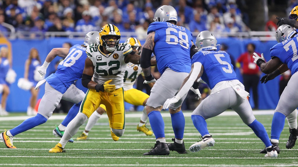 Green Bay Packers defensive end Rashan Gary (52) rushes against Detroit Lions offensive tackle Taylor Decker (68) during a play during the first quarter of an NFL regular season Thanksgiving Day football game between the Green Bay Packers and the Detroit Lions on November 27, 2025 at Ford Field in Detroit, Michigan. (Credit: Scott W. Grau/Icon Sportswire via Getty Images)