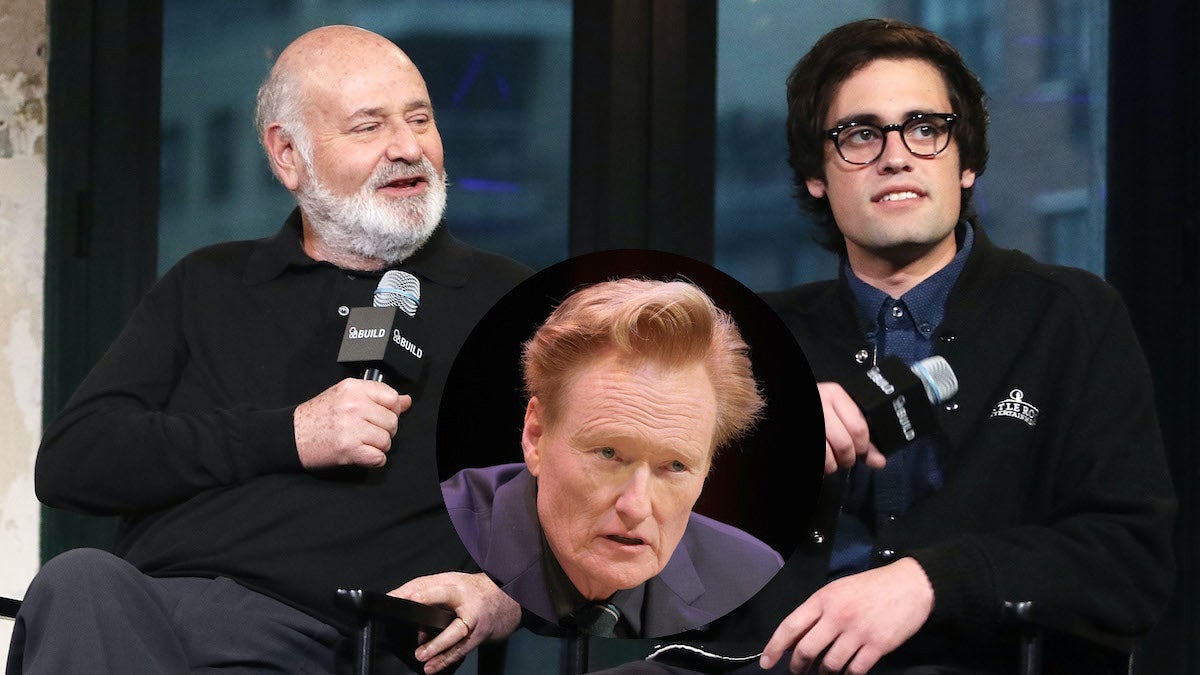 Rob Reiner and Nick Reiner speak for the AOL Build Series in 2016; (inset) Conan O'Brien (Getty Images)