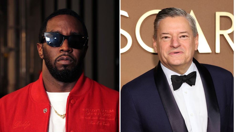 Sean "Diddy" Combs attends Sean "Diddy" Combs Album Release Party For "The Love Album: Off The Grid" on September 15, 2023 in New York City. (Credit: Shareif Ziyadat/Getty Images) and Ted Sarandos, Co-CEO, Netflix, attends the 16th Governors Awards at The Ray Dolby Ballroom on November 16, 2025 in Hollywood, California. (Credit: Amy Sussman/Getty Images)