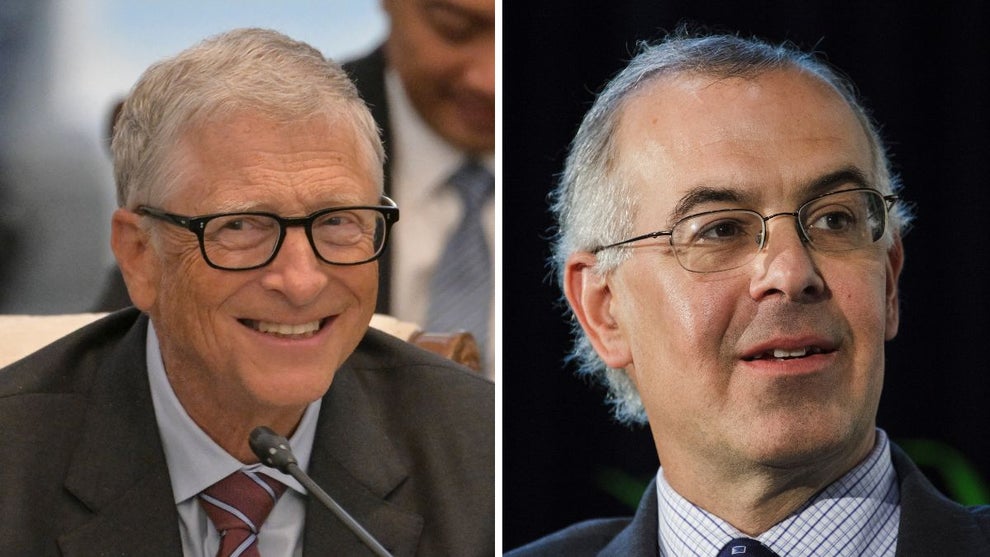 Bill Gates Credit: BAY ISMOYO / AFP via Getty Image) and New York Times columnist David Brooks (Credit: James Leynse/Corbis via Getty Images)