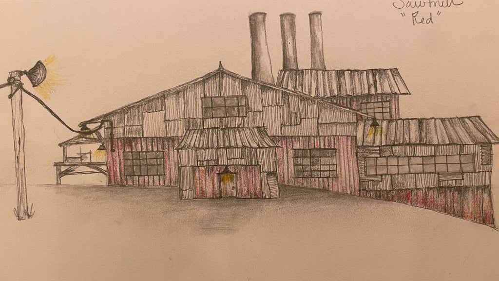 A pencil sketch of the exterior of the Juke Joint from "Sinners," designed by Hannah Beachler