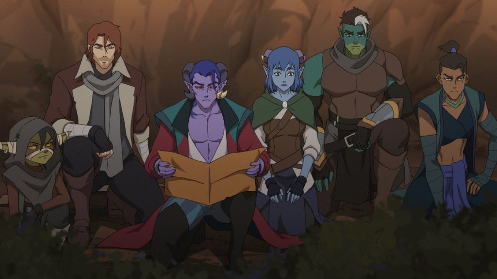Nott the Brave (Sam Riegel), Caleb Widogast (Liam O'Brien), Mollymauk Tealeaf (Taliesin Jaffe), Jester Lavorre (Laura Bailey), Fjord Stone (Travis Willingham) and Beauregard Lionett (Marisha Ray) in "The Mighty Nein" Season 1 (Prime Video)
