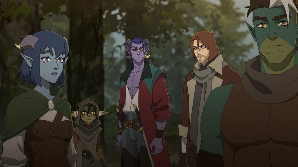 Jester Lavorre (Laura Bailey), Nott the Brave (Sam Riegel), Mollymauk Tealeaf (Taliesin Jaffe), Caleb Widogast (Liam O'Brien) and Fjord Stone (Travis Willingham) in "The Mighty Nein" Season 1 (Prime Video)