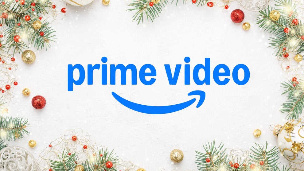 The Prime Video logo, surrounded by Christmas lights and foliage
