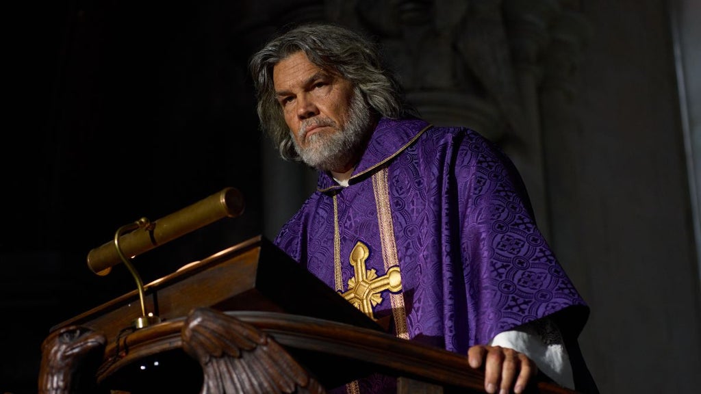 Josh Brolin as Monsignor Jefferson Wicks in "Wake Up Dead Man: A Knives Out Mystery" (Netflix)