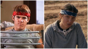Josh Brolin in "Goonies" and Milly Bobby Brown in "Stranger Things" Season 5, both seen wearing a grey sweatshirt and a bandana across their forhead