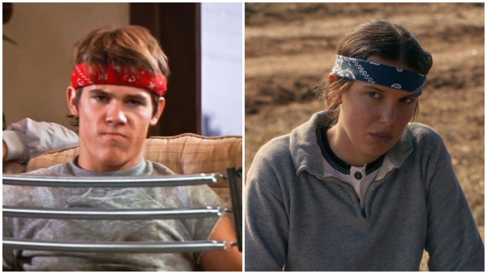 Josh Brolin in "Goonies" and Milly Bobby Brown in "Stranger Things" Season 5, both seen wearing a grey sweatshirt and a bandana across their forhead
