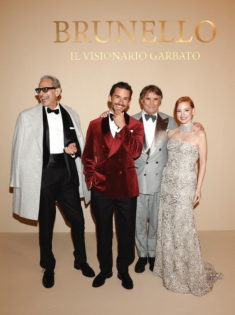 Jeff Goldblum, Jonathan Bailey, Brunello Cucinelli and Jessica Chastain attend the world premiere of Brunello: The Gracious Visionary Dec. 4, 2025. Source: Brunello Cucinelli