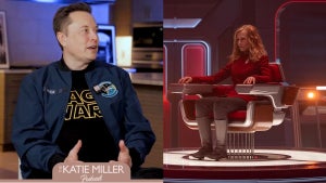 Split image of Elon Musk (Left) and Holly Hunter in "Star Trek: Starfleet Academy" (Right)