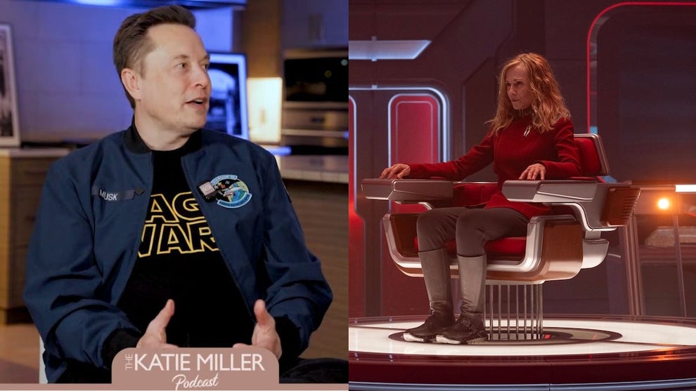 Split image of Elon Musk (Left) and Holly Hunter in "Star Trek: Starfleet Academy" (Right)