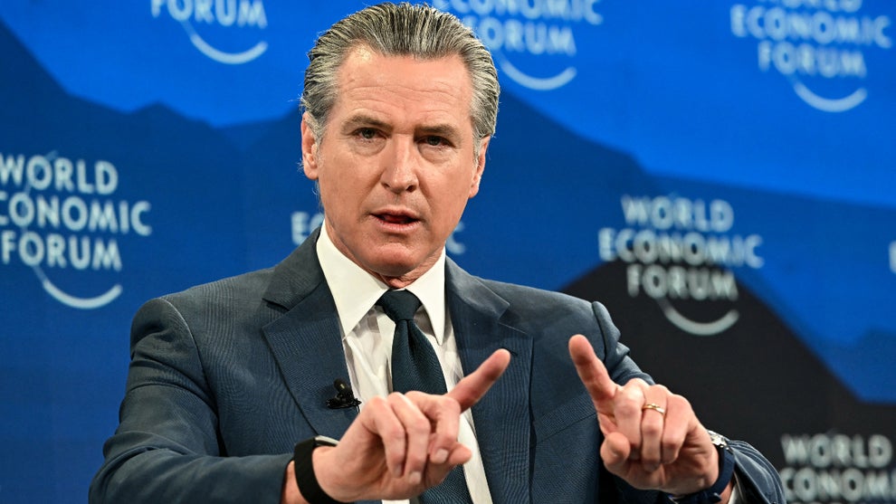 Gavin Newsom speaks at the World Economic Forum (WEF) annual meeting in Davos on January 22, 2026. (Credit: Fabrice Coffrini/AFP via Getty Images)
