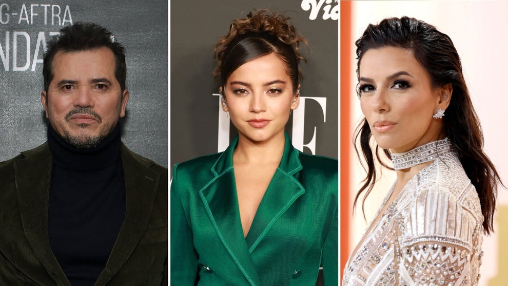 A split image of John Leguizamo, Isabela Merced and Eva Longoria