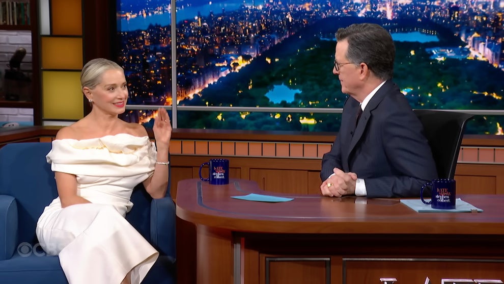 Katherine LaNasa and Stephen Colbert (Credit: CBS)