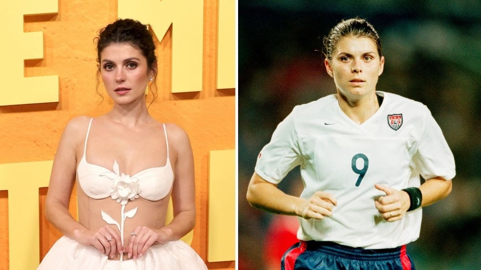 Emily Bader (Credit: Brianna Bryson/FilmMagic) and Mia Hamm (Credit: Simon Bruty/Anychance/Getty Images)