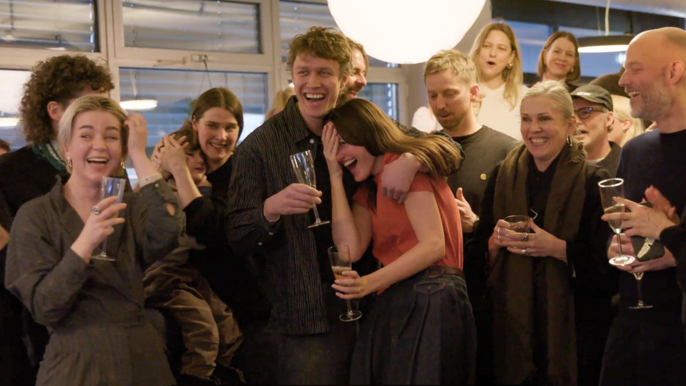 Renate Reinsve (center) reacts to her Oscar nomination for "Sentimental Value"