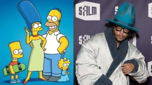 A split image of the Simpsons family (left) and Boots Riley (right)