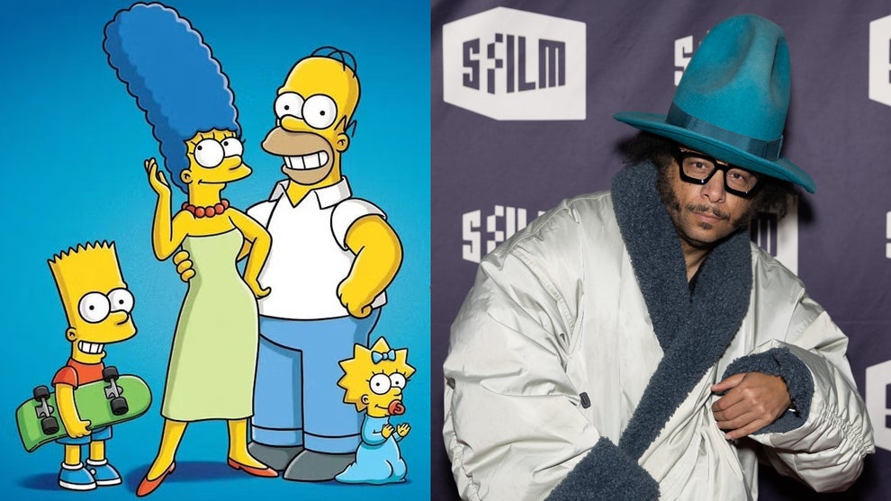 A split image of the Simpsons family (left) and Boots Riley (right)