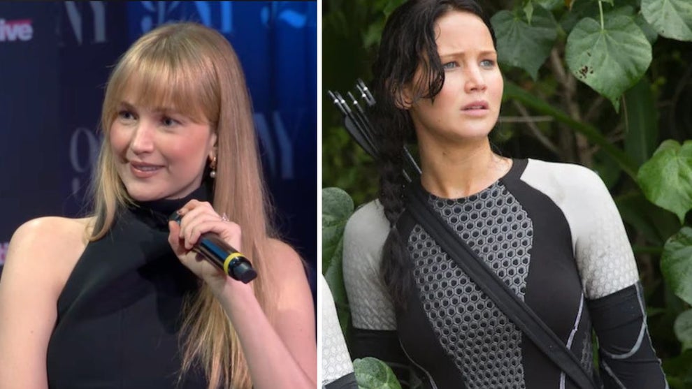 Jennifer Lawrence during interview with Josh Horowtiz on "Happy Sad Confused," Jennifer Lawrence in "The Hunger Games: Catching Fire" (YouTube, (Murray Close/Getty Images)