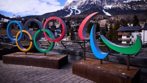 Olympics Rings and Paralympics Agitos are seen in the historic centre of Cortina d'Ampezzo ahead to the Olympic Winter Games Milano Cortina 2026 on Jan. 23, 2026 (Emmanuele Ciancaglini/Getty Images)
