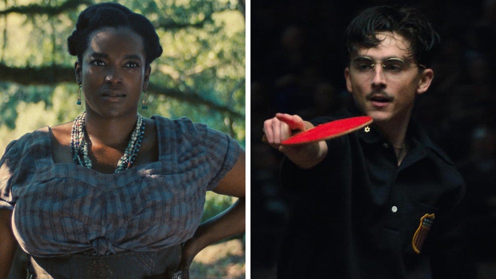 Wunmi Mosaku in "Sinners" (Warner Bros.) and Timothée Chalamet in "Marty Supreme" (A24)
