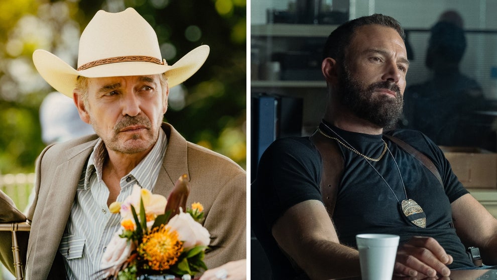 Side by side images of Billy Bob Thornton in "Landman" and Ben Affleck in "The Rip". Thornton wears a cowboy hat and tan suit in a sunny outdoor setting with a vase of flowers in the foreground. Affleck wears a black t-shirt with a cop's badge around his neck, leaning back in an office chair