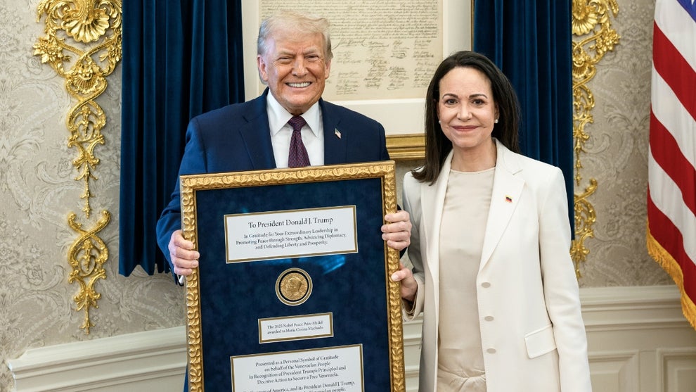 President Donald Trump meets with Venezuelan opposition leader Maria Corina Machado in the Oval Office, on January 15, 2026 in Washington, D.C.