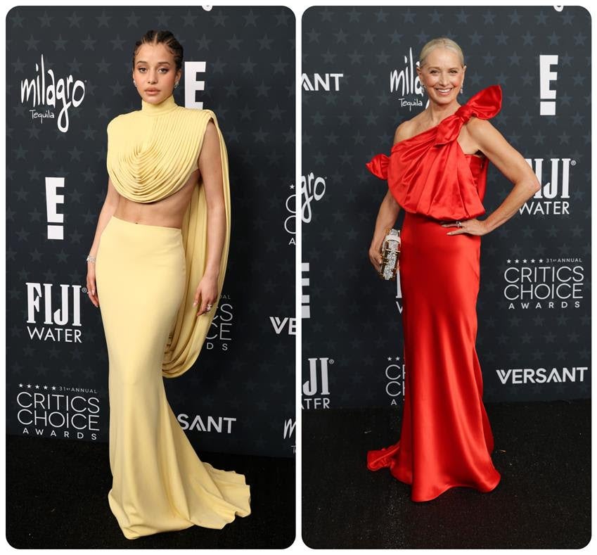 Chase Infiniti and Katherine LaNasa wear custom Louis Vuitton gowns at the 31st Annual Critics Choice Awards at Barker Hangar on Jan. 4, 2026, in Santa Monica, California. Source: Getty