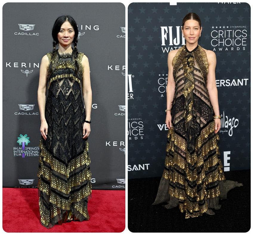 Chloé Zhao and Jessica Biel wear Lanvin Fall 2025. Source: Getty