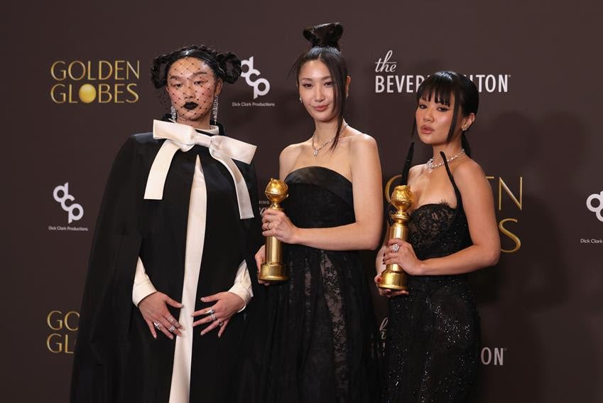 Audrey Nuna, EJAE and Rei Ami, winners of the Best Original Song - Motion Picture for "Golden" from KPop Demon Hunters, pose in the press room during the 83rd Annual Golden Globe Awards at The Beverly Hilton on Jan. 11, 2026 in Beverly Hills, California. Source: Getty