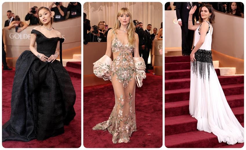 Ariana Grande wears Vivienne Westwood; Jennifer Lawrence wears Givenchy and Zoey Deutch wears Prada. Source: Getty