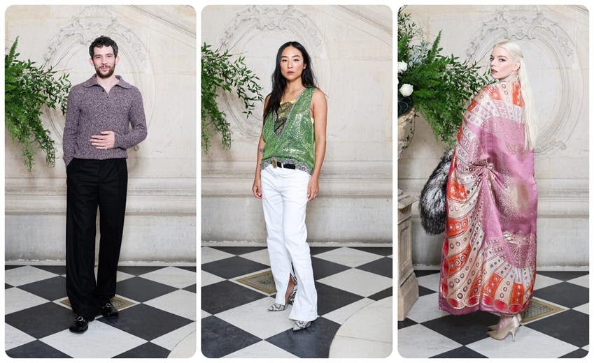 Josh O'Connor, Greta Lee and Anya Taylor-Joy at Dior's Spring 2026 Haute Couture Show. Source: Getty