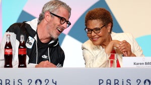 LA28 chairman Casey Wasserman and L.A. Mayor Karen Bass attend the Olympic Games Paris 2024 on Aug. 10, 2024. (Credit: Luke Hales/Getty Images)