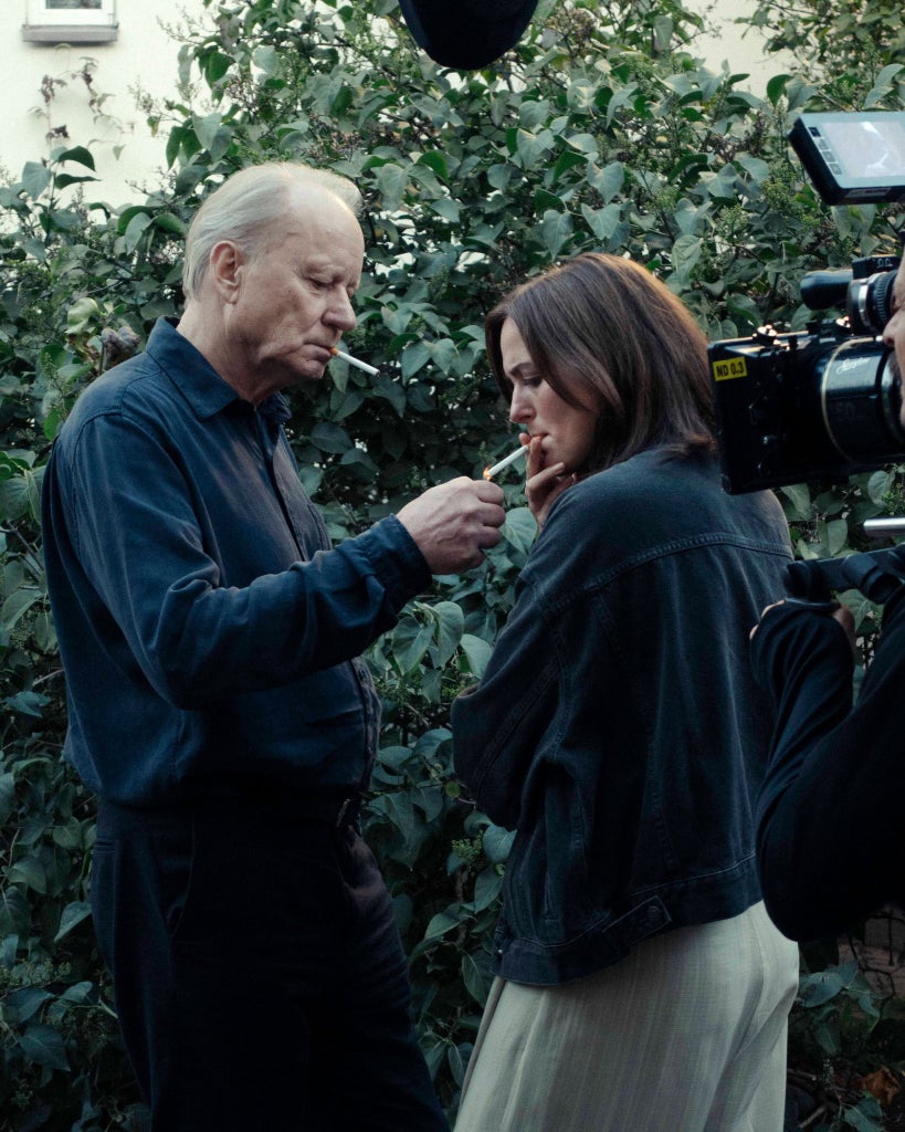 Stellan Skarsgard and Renate Reinsve on the set of "Sentimental Value" (Neon)