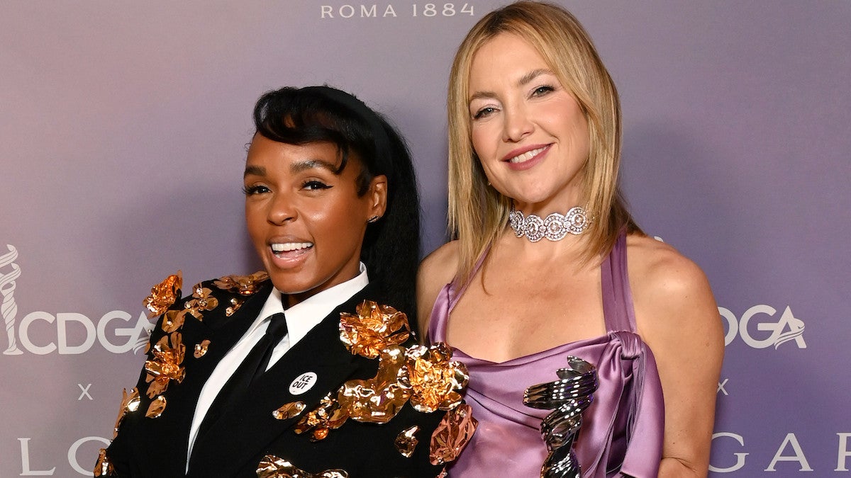 Janelle Monáe and Kate Hudson, recipient of the Spotlight Award, attend the 28th Annual Costume Designers Guild Awards at The Ebell of Los Angeles on Feb. 12, 2026. Source: Jon Kopaloff/Getty Images.