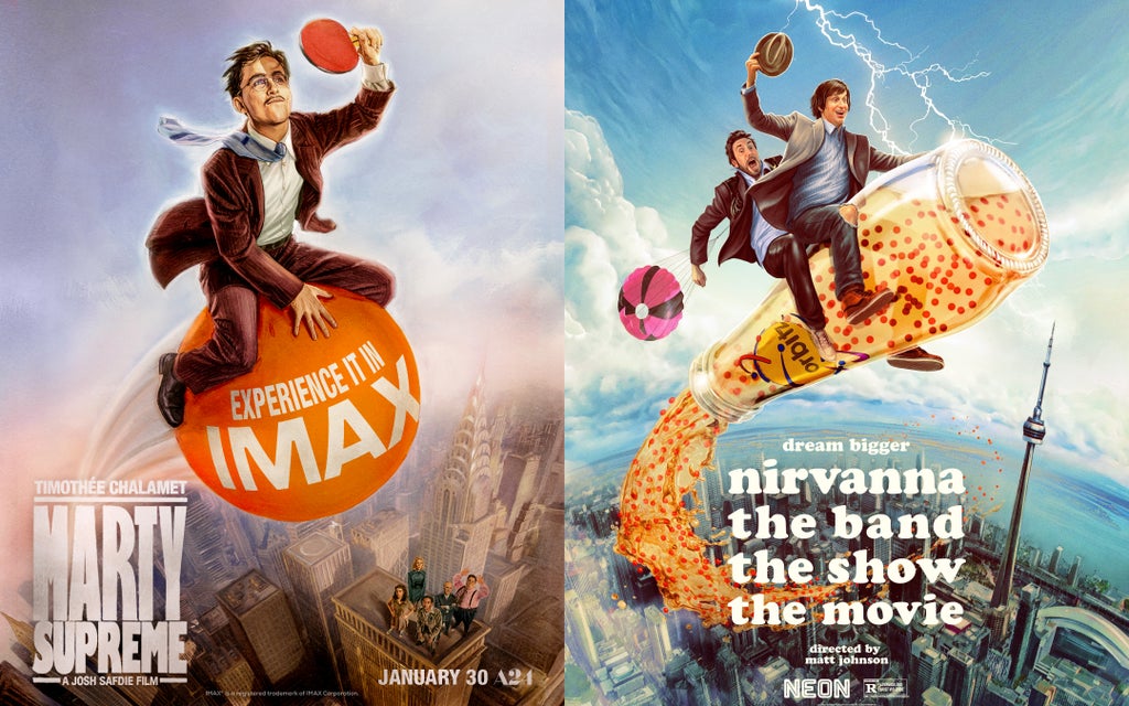 Similar posters for "Marty Supreme" (left) and "Nirvanna the Band the Show the Movie (right) side-by-side