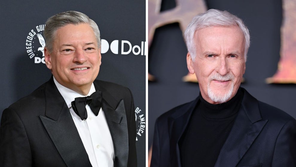 Ted Sarandos attends the 78th Annual Directors Guild of America Awards at The Beverly Hilton on February 07, 2026 in Beverly Hills, California. (Credit: Axelle/Bauer-Griffin/FilmMagic) and James Cameron attends the "Avatar: Fire And Ash" European Premiere on December 05, 2025 in Boulogne-Billancourt, France. (Credit: Pascal Le Segretain/Getty Images)