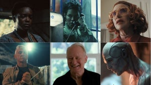 A six-image grid of Wunmi Mosaku in "Sinners" (Top-Left), Teyana Taylor in "One Battle After Another" (Top-Middle), Amy Madigan in "Weapons" (Top-Right), Sean Penn in "One Battle After Another" (Bottom-Left), Stellan Skarsgård in "Sentimental Value" (Bottom-Middle), Jacob Elordi in "Frankenstein" (Bottom-Right)