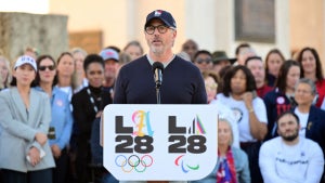 Chairman of the LA2028 Olympics Organizing Committee Casey Wasserman speaks during a ceremonial lighting of the LA28 Olympic cauldron at the Memorial Coliseum in Los Angeles on January 13, 2026, ahead of the launch of ticket registration for the 2028 Summer Olympic Games. (Getty Images)
