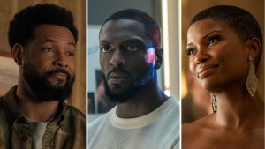 Isaiah Mustafa as John Sampson, Aldis Hodge as Alex Cross and Samantha Walkes as Elle Monteiro in "Cross" (Prime Video)