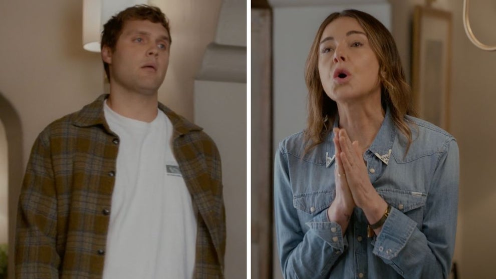 Markus Silbiger as Matthew and Christa Miller as Liz in "Shrinking" Season 3 (Apple TV)
