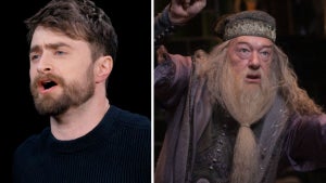 Daniel Radcliffe on "Hot Ones," Michael Gabon as Albus Dumbledore in "Harry Potter" ("Hot Ones" screenshot/YouTube, Getty Images)