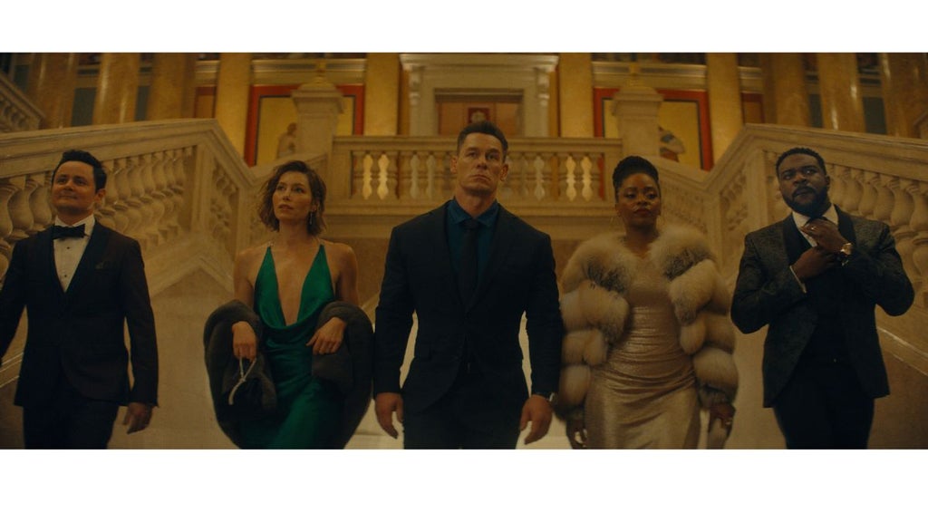 Arturo Castro, Jessica Biel, John Cena, Teyonah Parris and Sam Richardson in “Matchbox The Movie" (Apple TV)