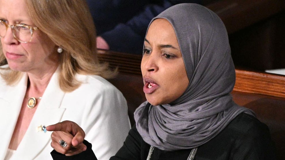 Representative Ilhan Omar, Democrat from Minnesota, reacts as US President Donald Trump delivers the State of the Union address in the House Chamber of the US Capitol in Washington, DC, on February 24, 2026. (Photo by Mandel NGAN / AFP via Getty Images)