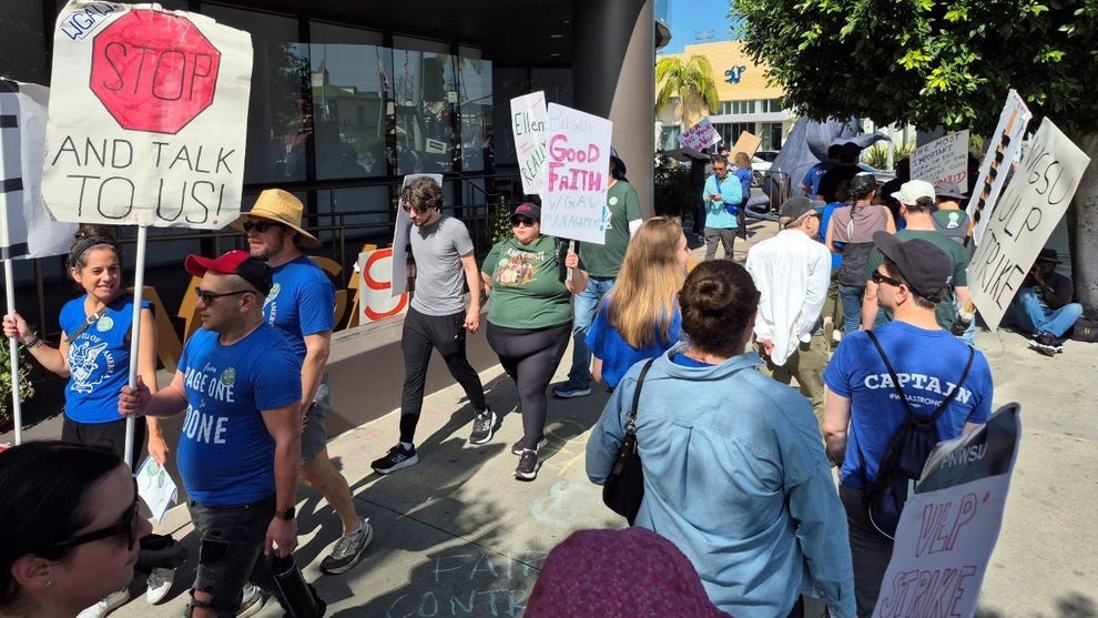 Writers Guild of America West members join picket line held by striking staffers on Feb. 24, 2026. (Jeremy Fuster/TheWrap)