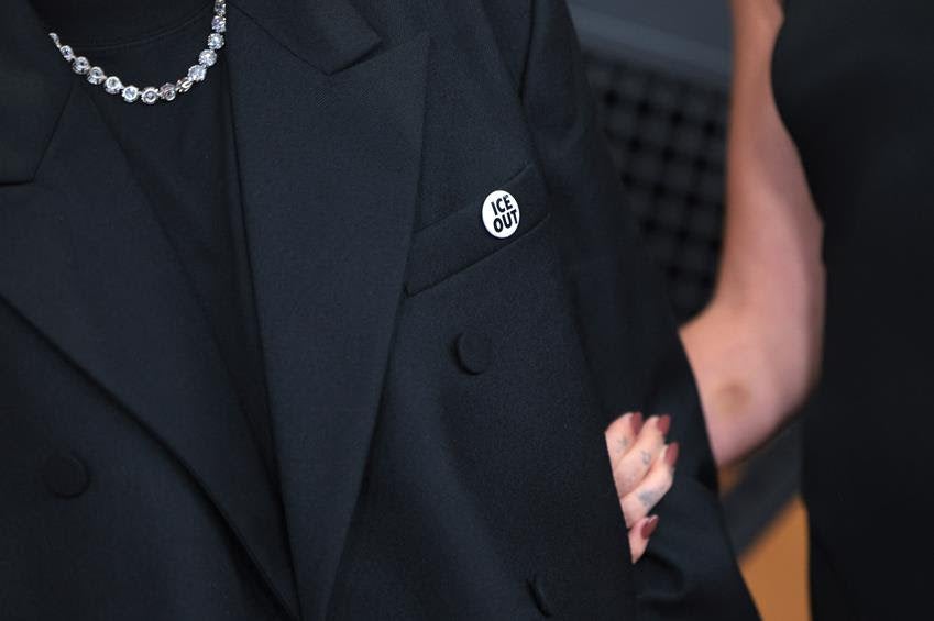 Justin Bieber wears an Ice Out pin at 2026 Grammy Awards. Source: Getty