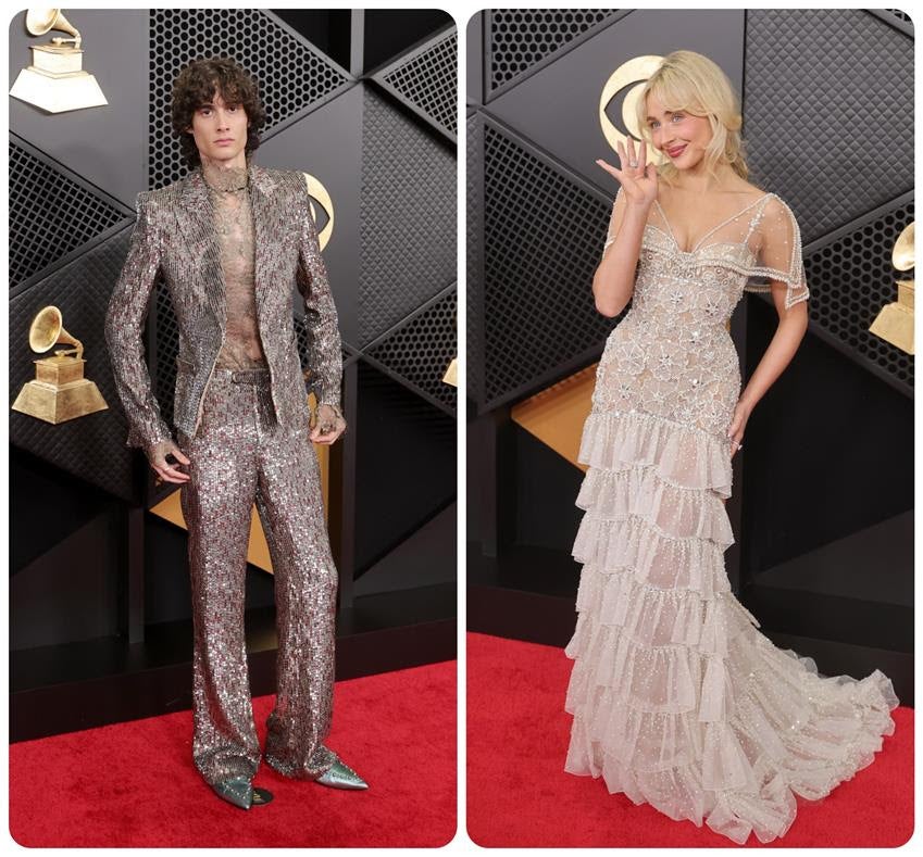 Sombr and Sabrina Carpenter wear Valentino at the 2026 Grammys. Source: Getty